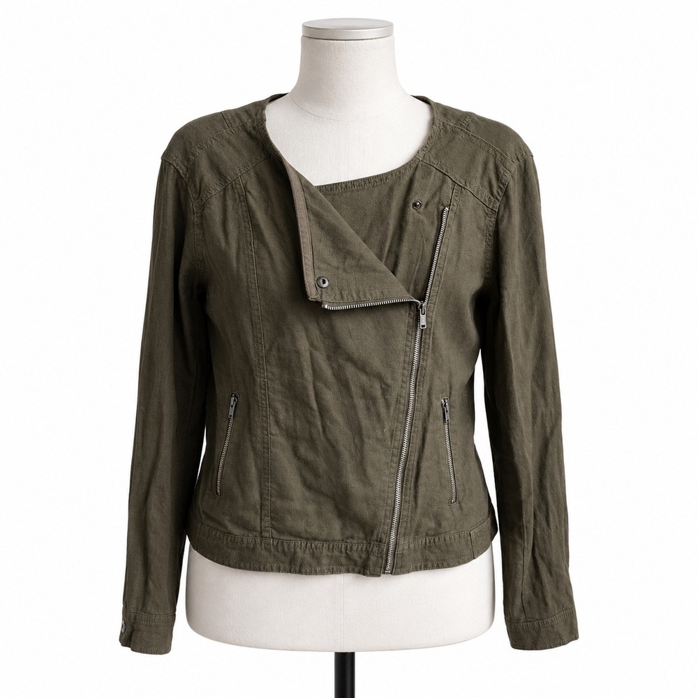 Gap Linen Blend Moto Jacket Womens Large Olive Green Utility Asymmetrical Zip